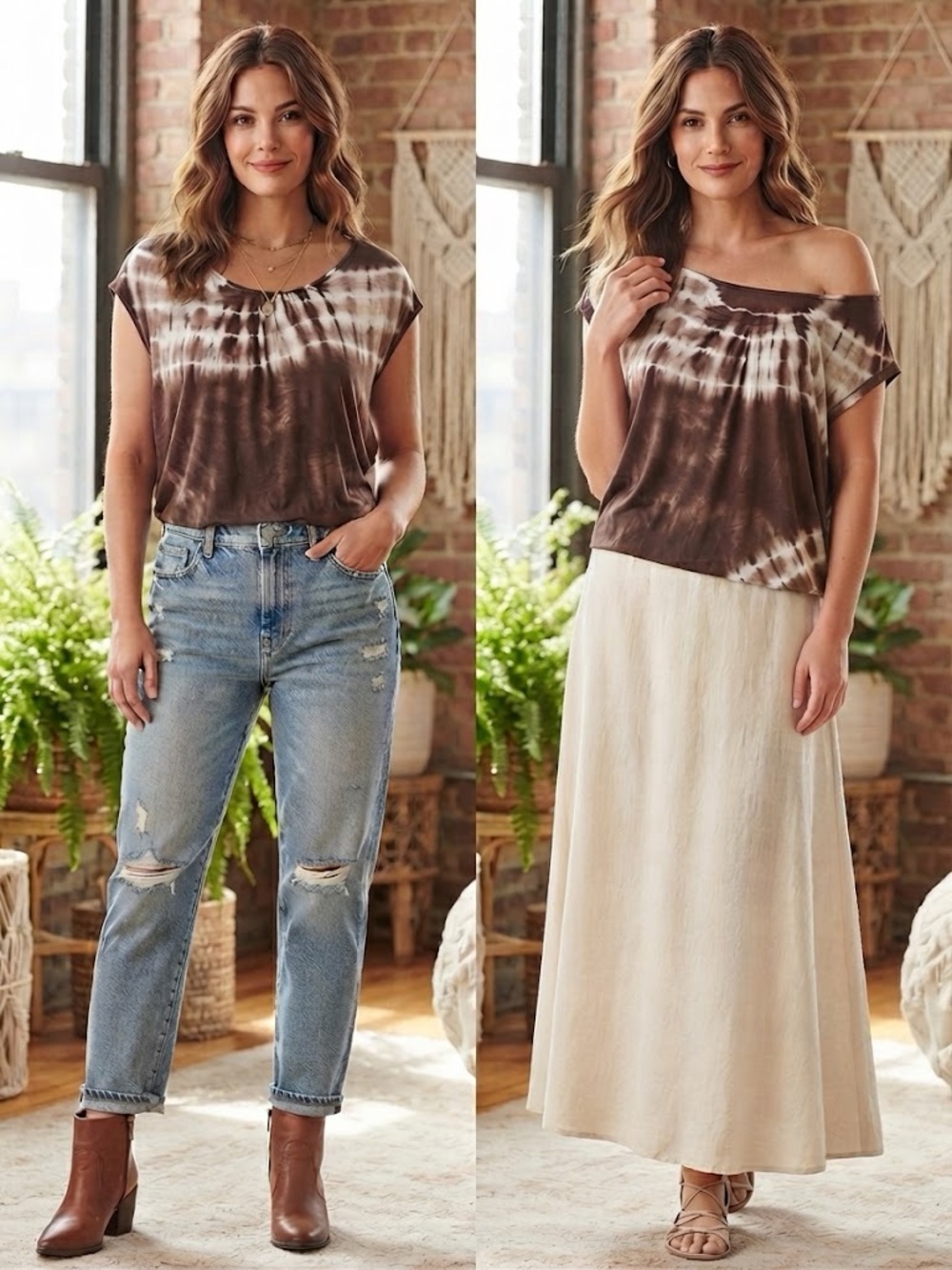 Kathmandu One Size Brown Tie-Dye Short Sleeve Dolman Top